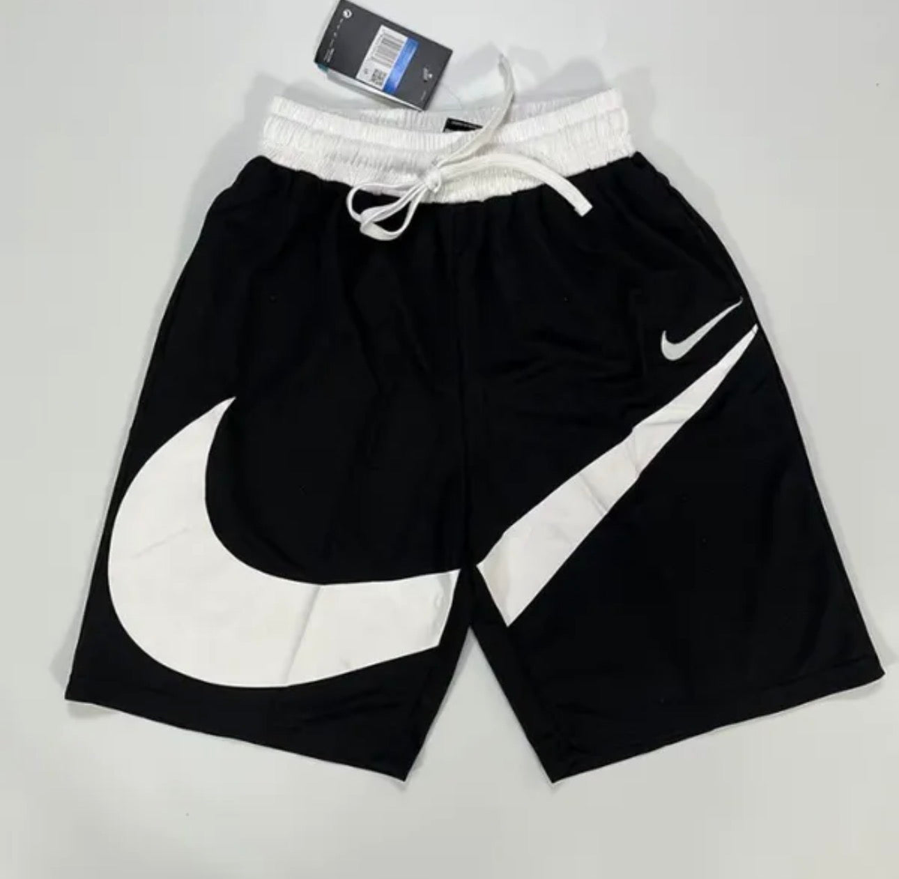 Nike Style Athletic Shorts Black White Swoosh Design Drawstring Sports Shorts