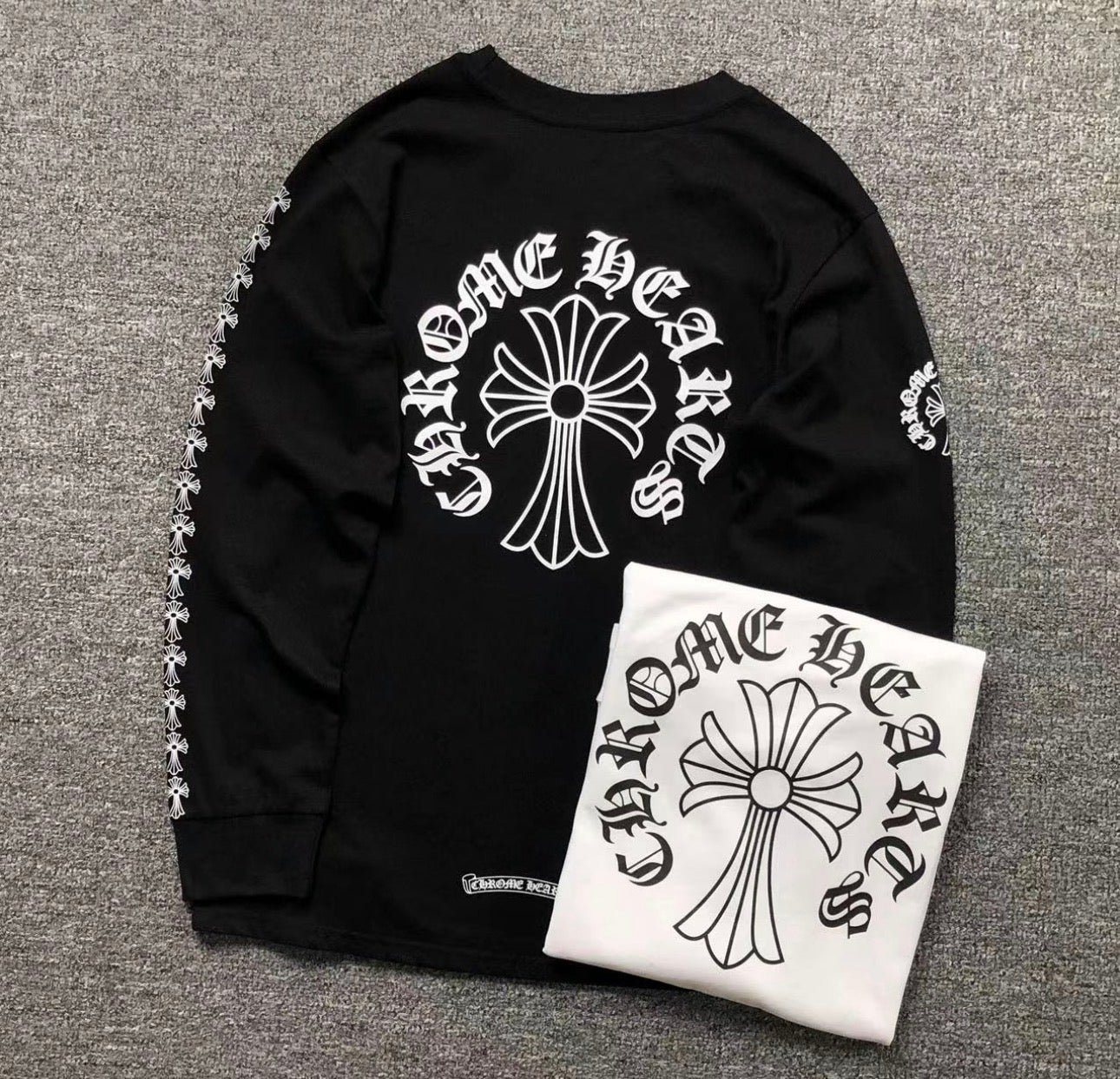 Chrome Hearts Style Cross Long Sleeve T-Shirt Black White Gothic Streetwear Unisex